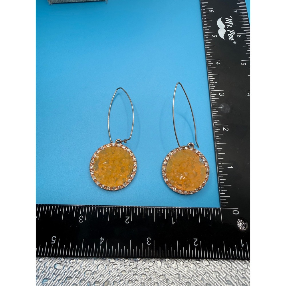 Yellow Druzy Rhinestone Halo Drop Earrings Rose Gold Tone Kidney Wire Round